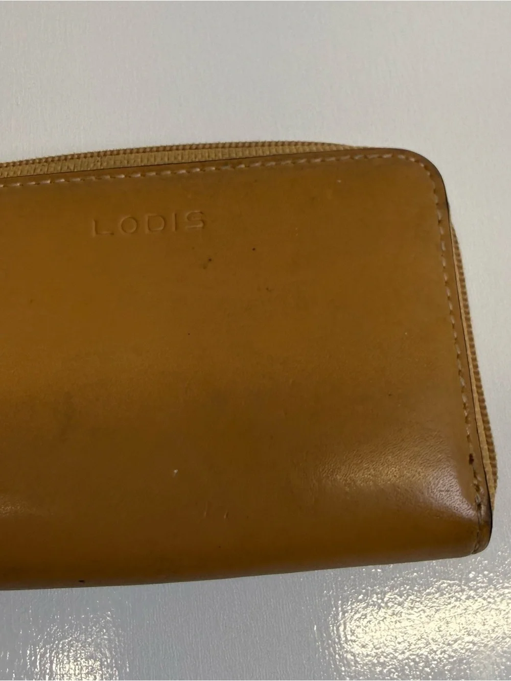 Lodis Cream Tan Teal Leather Mini Wallet Credit Card Holder Key Ring Zip Around